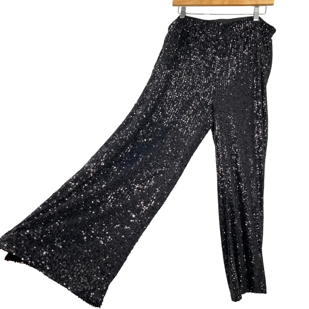 Cable & Gauge Woman Sequin Wide Leg Pants Womens 1X Black Elastic Waist Party